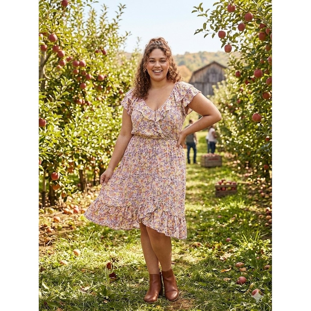 Boho Ditsy Floral Tiered Dress Ruffle Short Sleeve Cottagecore Mustard Mini 2XL